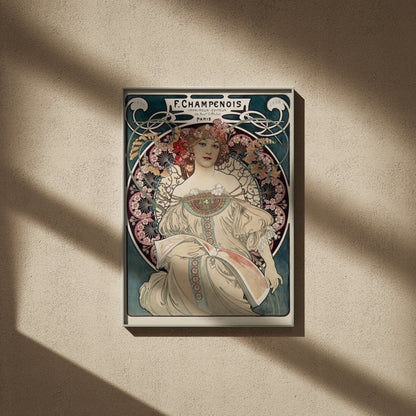 F. Champenois - Alphonse Mucha 1898 - Art Nouveau Poster, framed poster on a beige wall, window shadows