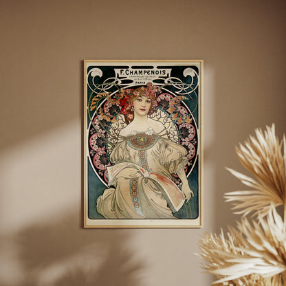 F. Champenois - Alphonse Mucha 1898 - Art Nouveau Poster, framed poster on a beige wall, pampas grass in the foreground