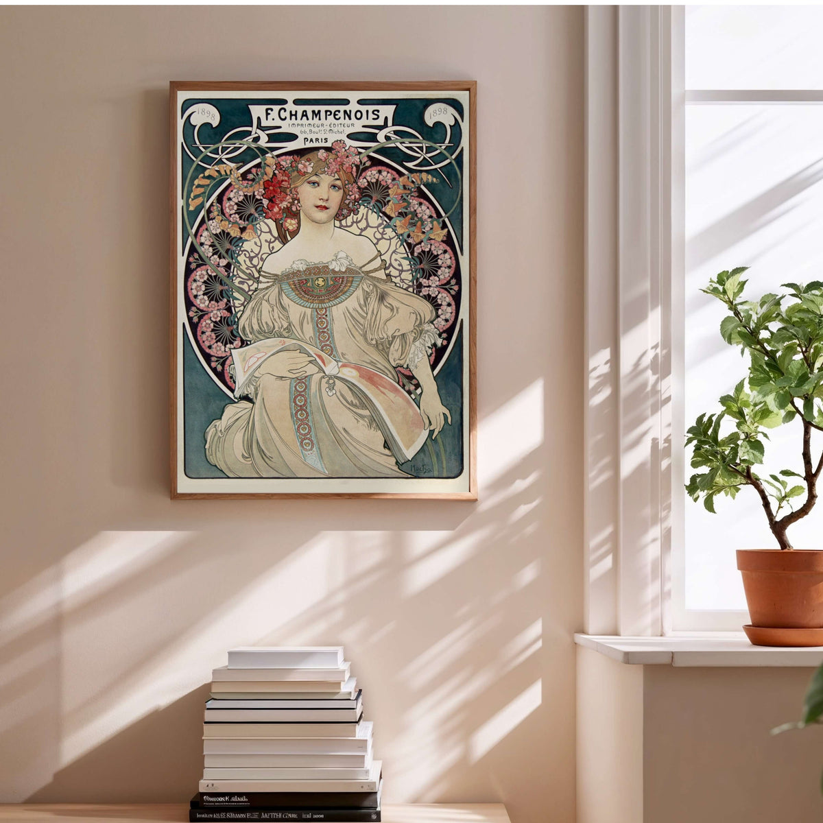 F. Champenois - Alphonse Mucha 1898 - Art Nouveau Poster, framed poster above a stack of books