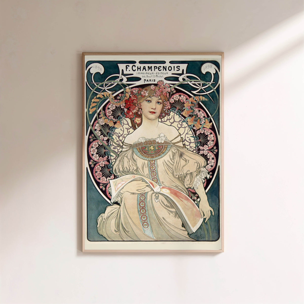 F. Champenois - Alphonse Mucha 1898 - Art Nouveau Poster, framed poster on a light wall