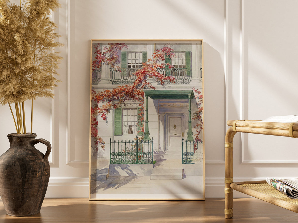 Facade et Lierre d'Automne - Aquarelle Botanique Vintage | Poster, affiche encadrée dans un intérieur élégant, cadre bois cla