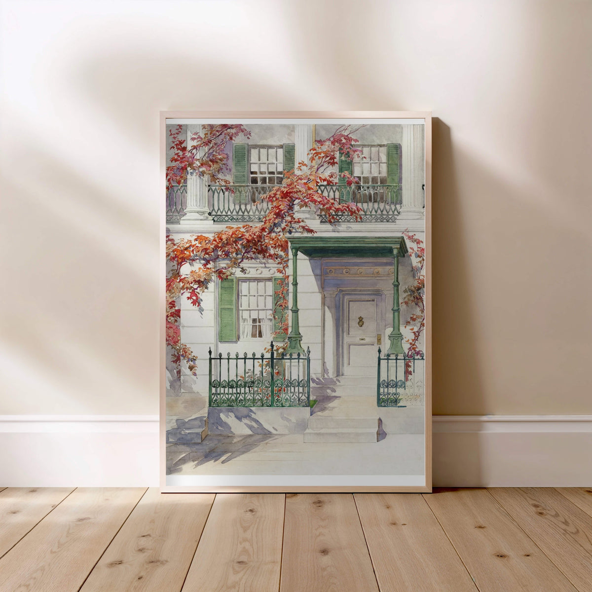 Autumn Ivy and Facade - Vintage Botanical Watercolor, framed poster standing on the floor, light wood frame