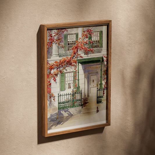 Facade et Lierre d'Automne - Aquarelle Botanique Vintage, affiche dans un cadre en chêne posé de biais sur un mur texturé