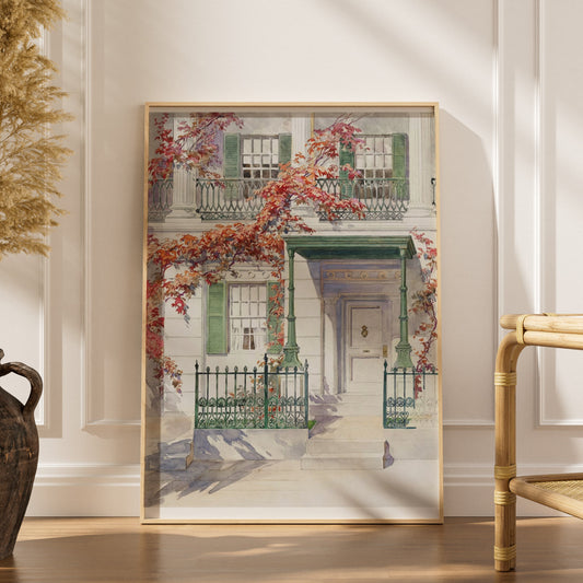 Facade et Lierre d'Automne - Aquarelle Botanique Vintage, affiche encadrée dans un intérieur élégant, herbes séchées et chais