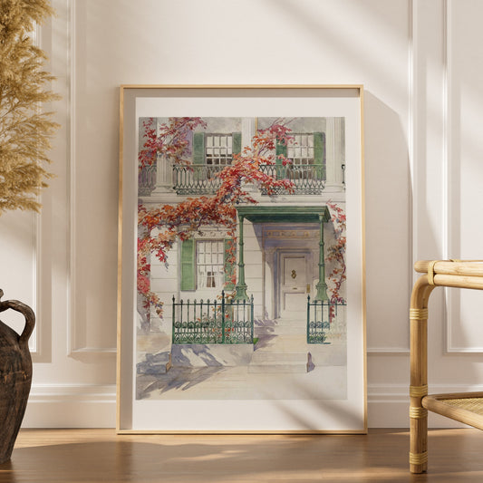 Facade et Lierre d'Automne - Aquarelle Botanique Vintage, affiche encadrée dans un intérieur élégant, herbes séchées et chais