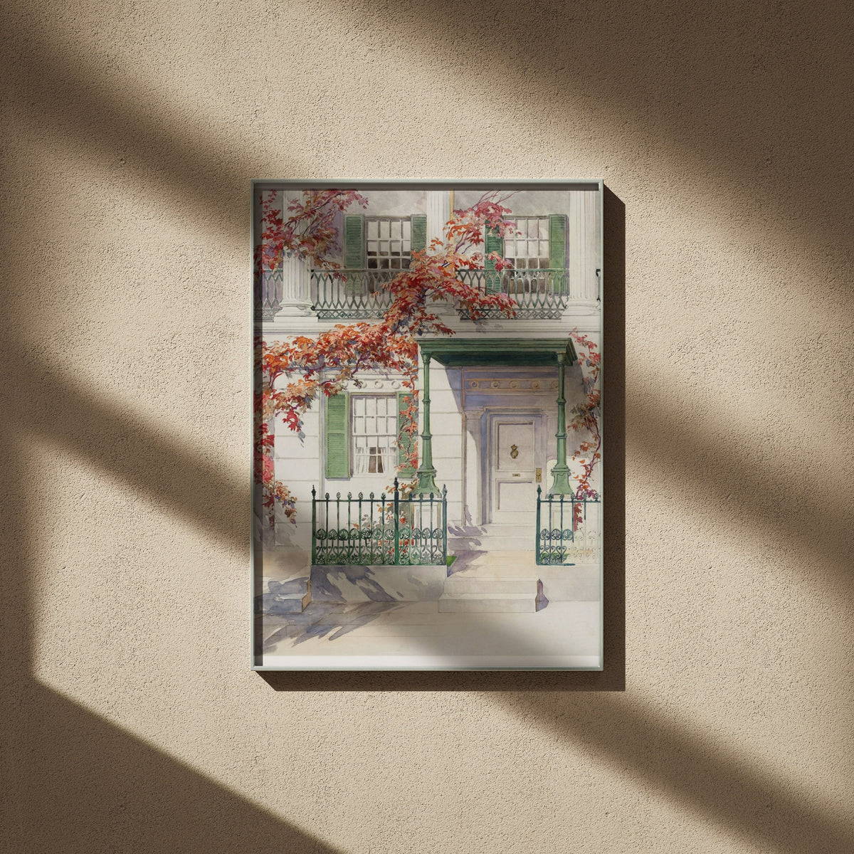 Autumn Ivy and Facade - Vintage Botanical Watercolor, framed poster on a beige wall, window shadows