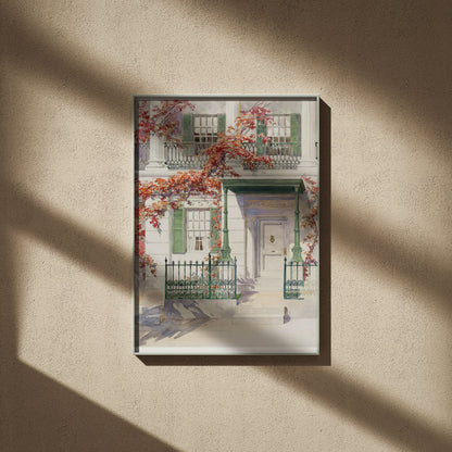 Autumn Ivy and Facade - Vintage Botanical Watercolor, framed poster on a beige wall, window shadows