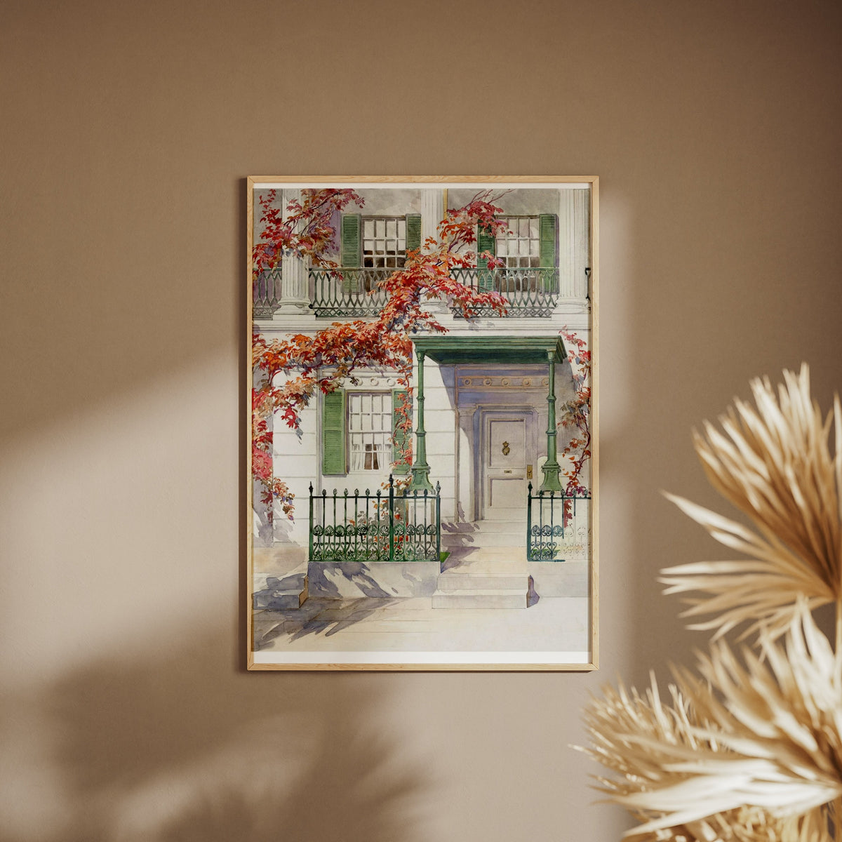 Autumn Ivy and Facade - Vintage Botanical Watercolor, framed poster on a beige wall, pampas grass in the foreground