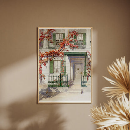 Autumn Ivy and Facade - Vintage Botanical Watercolor, framed poster on a beige wall, pampas grass in the foreground