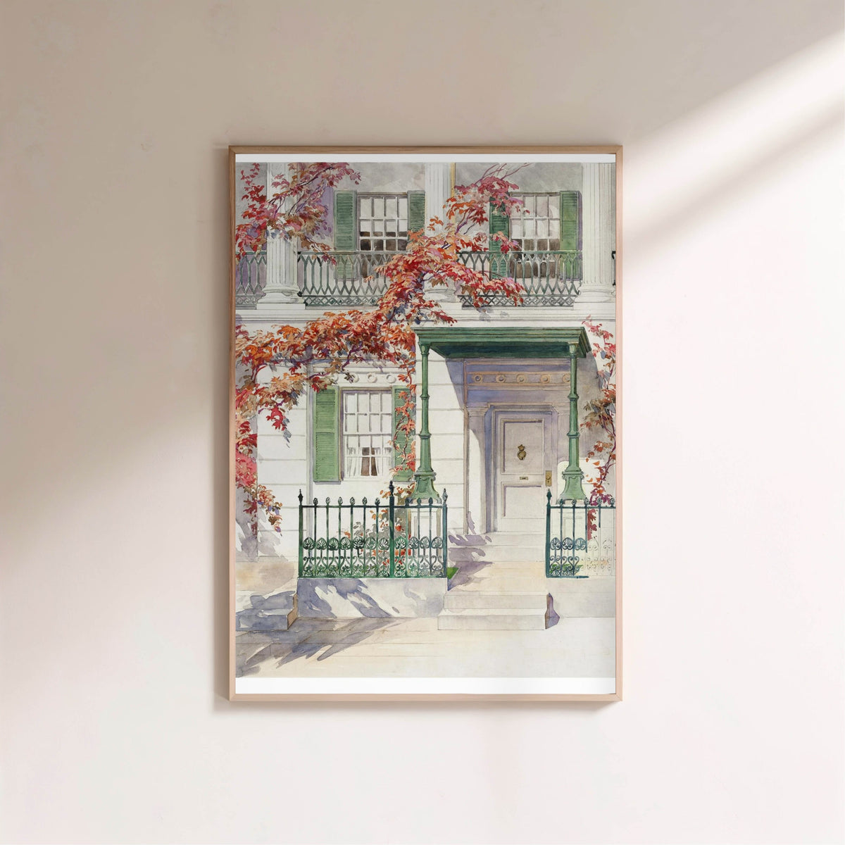 Autumn Ivy and Facade - Vintage Botanical Watercolor, framed poster on a light wall