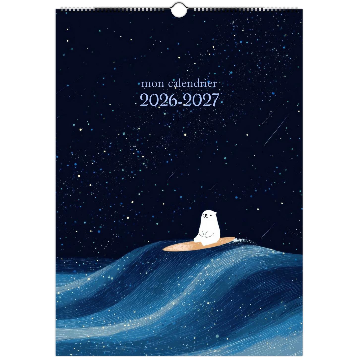 Calendrier mural enfant 2026 2027, couverture illustrée, ciel étoilé et vague bleue