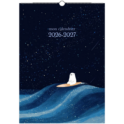 Calendrier mural enfant 2026 2027, couverture illustrée, ciel étoilé et vague bleue