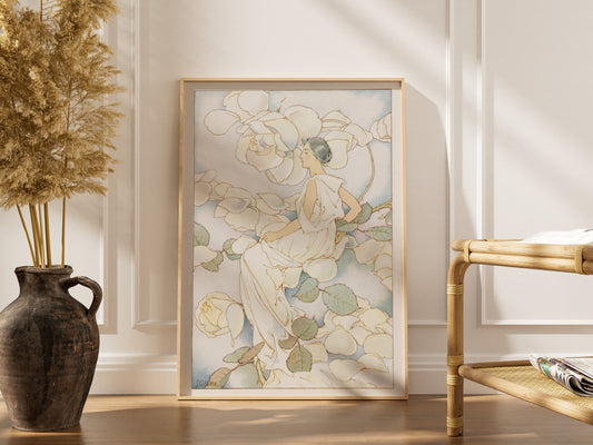 Femme parmi les Roses Blanches - Illustration Art Nouveau Botanique, affiche encadrée dans un intérieur élégant, cadre bois c