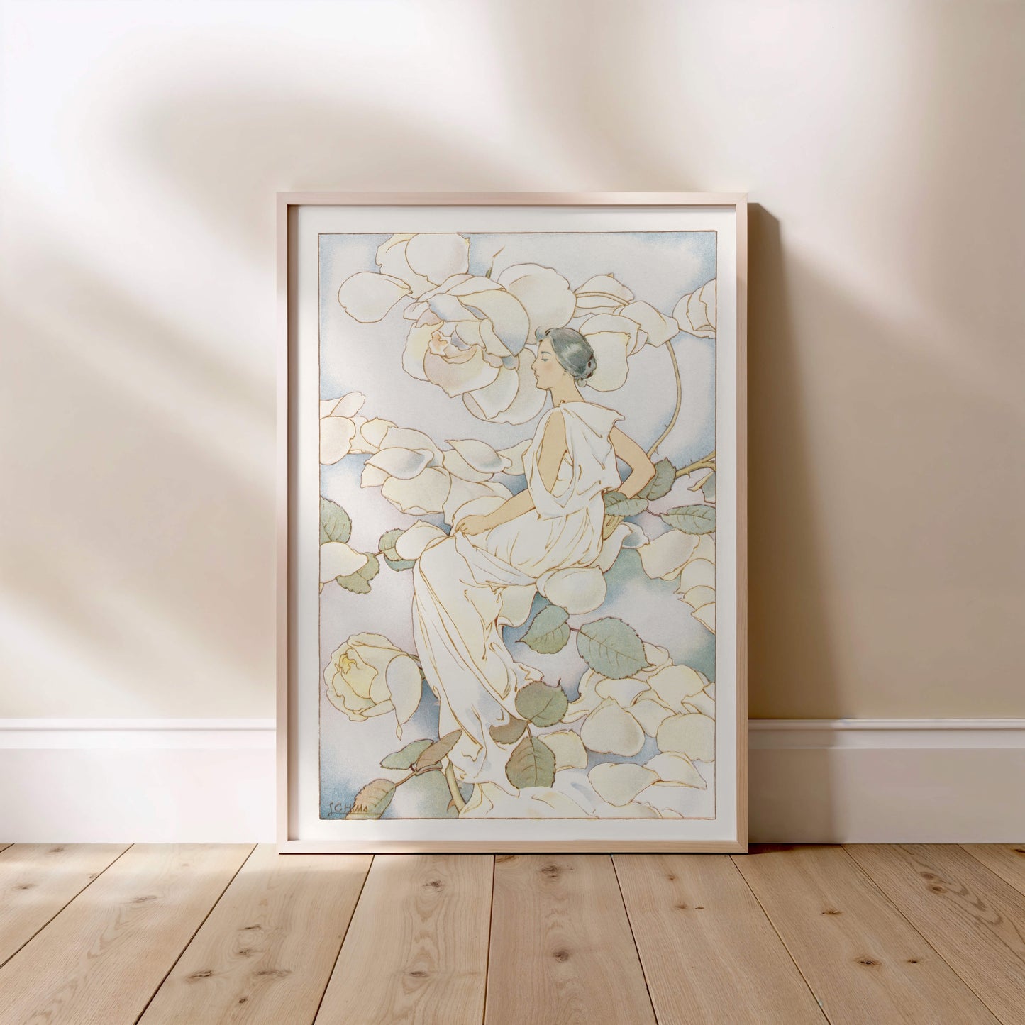 Femme parmi les Roses Blanches - Illustration Art Nouveau Botanique