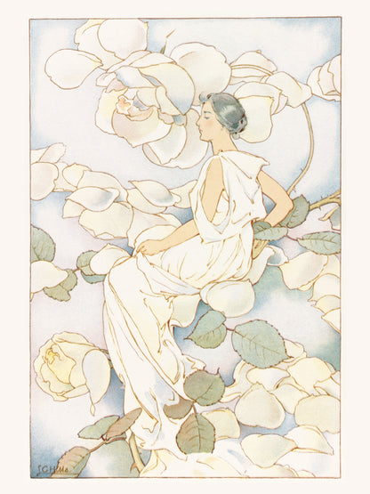 Femme parmi les Roses Blanches - Illustration Art Nouveau Botanique