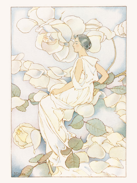 Femme parmi les Roses Blanches - Illustration Art Nouveau Botanique