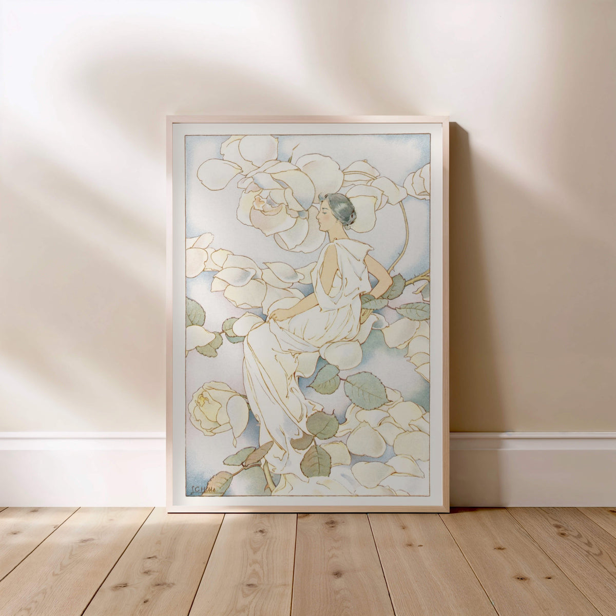 Woman Among White Roses - Botanical Art Nouveau Illustration, framed poster standing on the floor, light wood frame