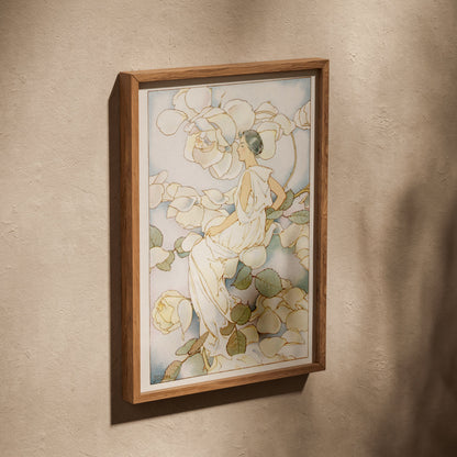 Woman Among White Roses - Botanical Art Nouveau Illustration, poster in an oak frame leaning on a textured wall