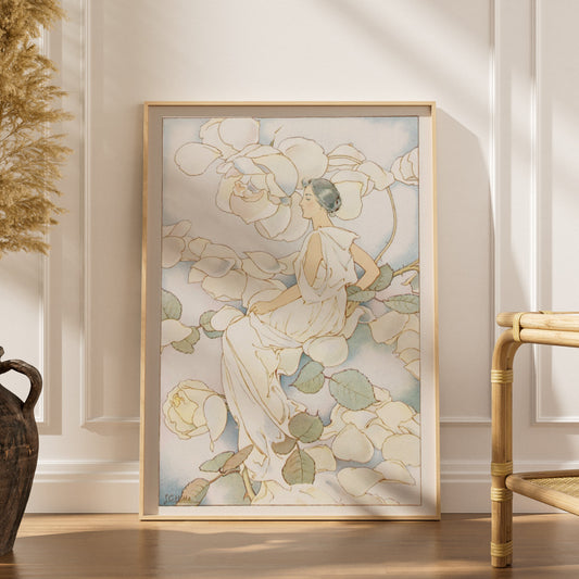 Femme parmi les Roses Blanches - Art Nouveau Botanique, affiche encadrée dans un intérieur élégant, herbes séchées et chaise 