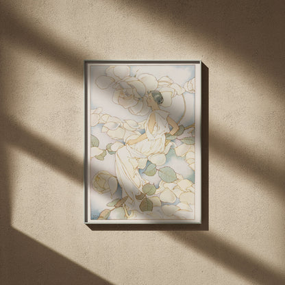 Woman Among White Roses - Botanical Art Nouveau Illustration, framed poster on a beige wall, window shadows