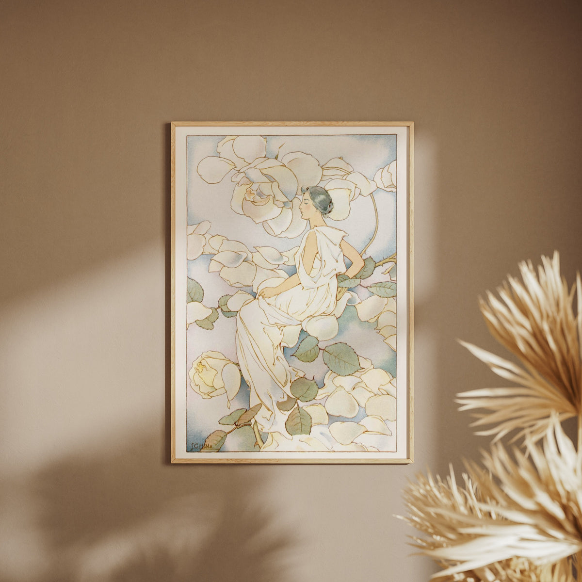 Woman Among White Roses - Botanical Art Nouveau Illustration, framed poster on a beige wall, pampas grass in the foreground
