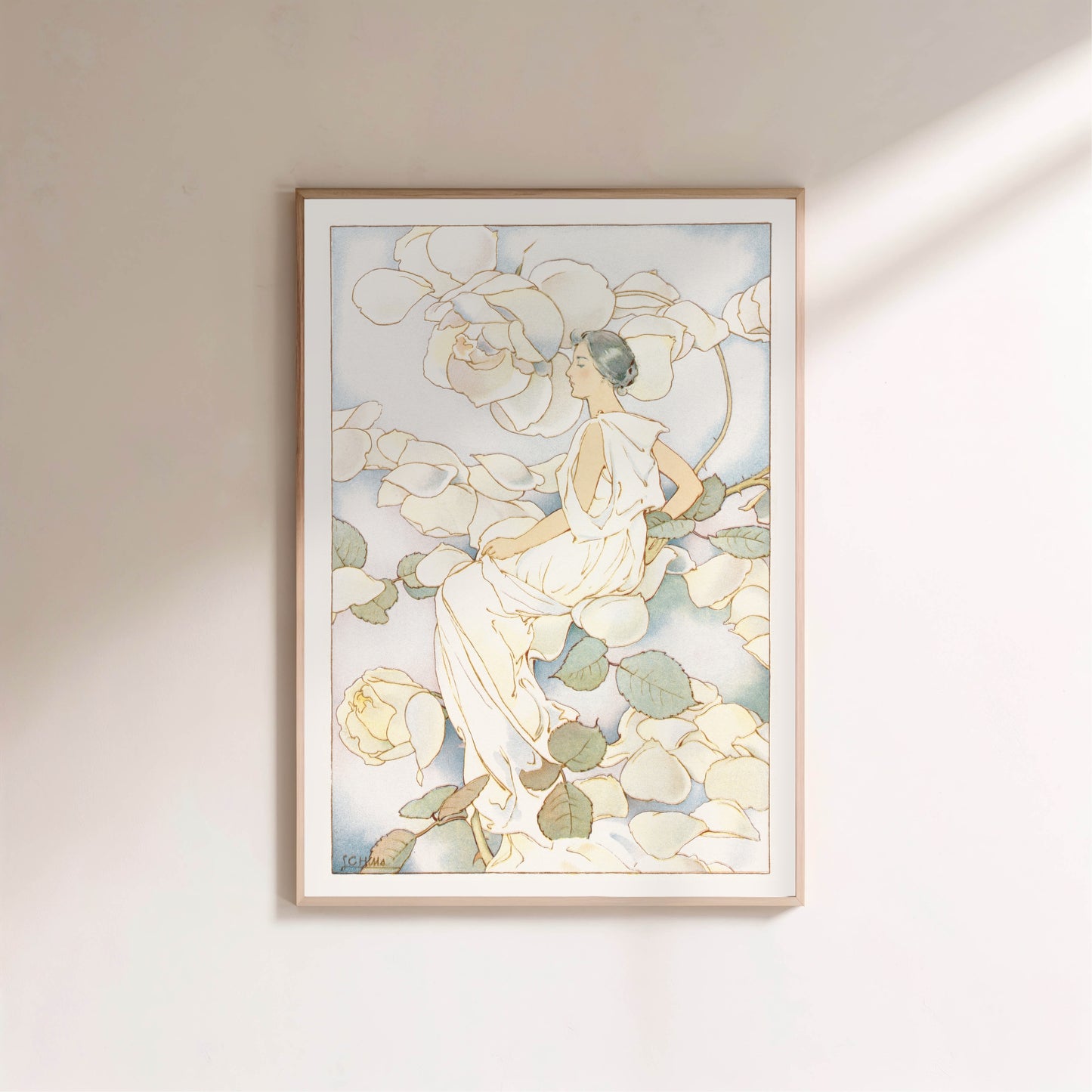 Femme parmi les Roses Blanches - Illustration Art Nouveau Botanique en situation