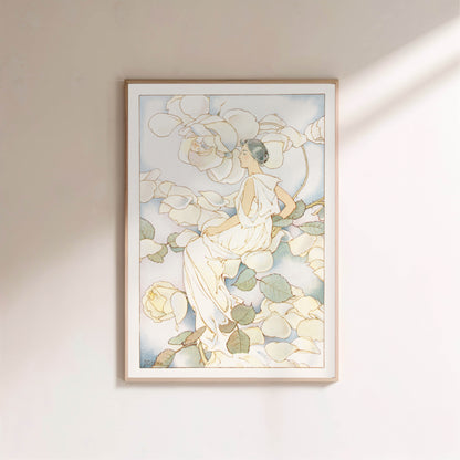 Femme parmi les Roses Blanches - Illustration Art Nouveau Botanique en situation