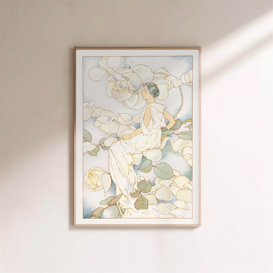 Femme parmi les Roses Blanches - Illustration Art Nouveau Botanique en situation
