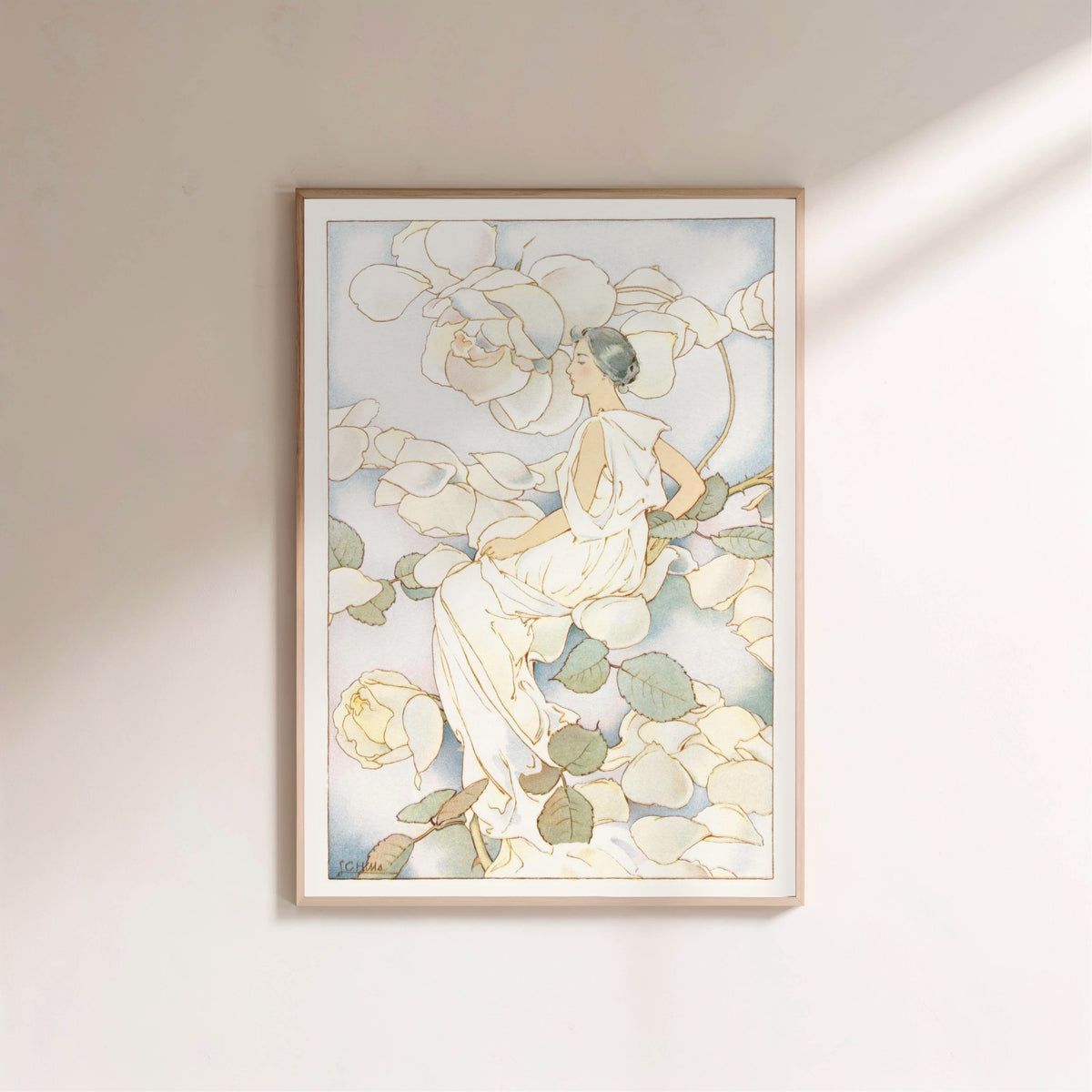 Woman Among White Roses - Botanical Art Nouveau Illustration, framed poster on a light wall