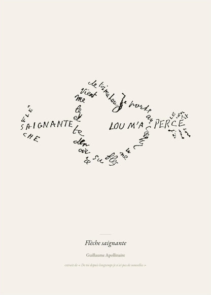 Flèche saignante - Apollinaire - Affiche Calligramme Amour, l'affiche seule, papier épais mat éco-responsable