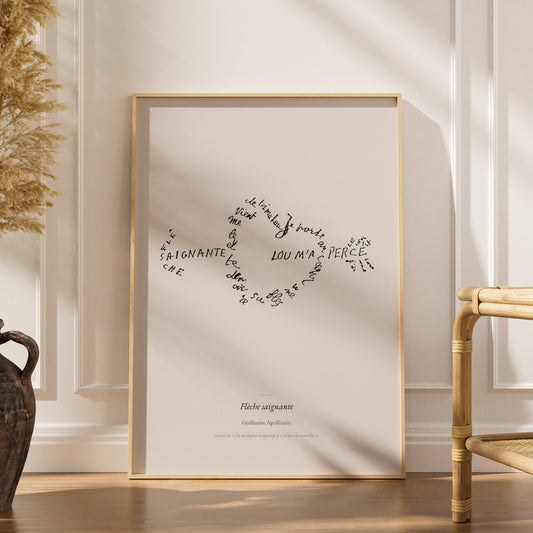 Flèche saignante - Apollinaire - Affiche Calligramme Amour, affiche encadrée dans un intérieur élégant, herbes séchées et cha