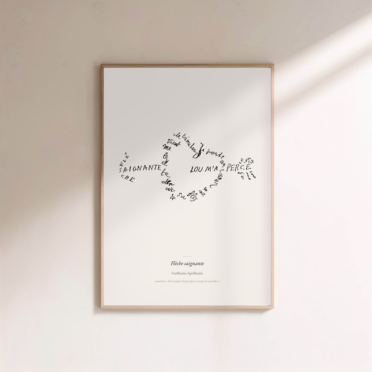 Flèche saignante - Apollinaire - Affiche Calligramme Amour, affiche encadrée sur un mur clair