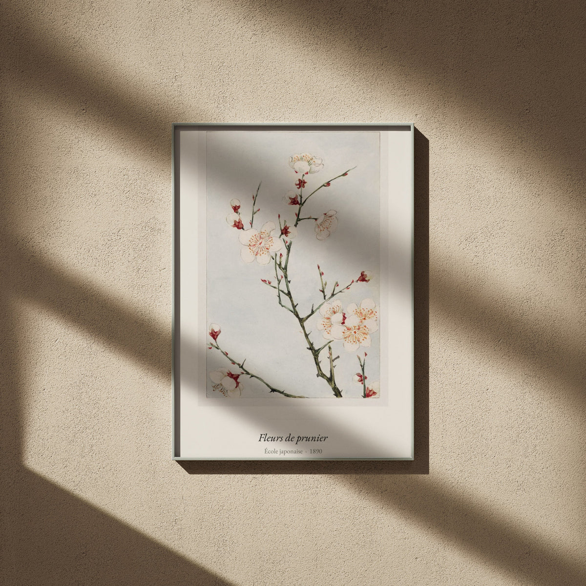 Fleurs de prunier, École japonaise, affiche encadrée sur un mur beige, ombres de fenêtre