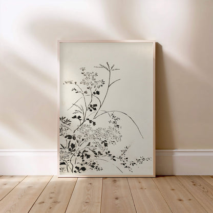 Fleurs Sauvages - Estampe Japonaise à l'Encre, affiche encadrée posée au sol, cadre bois clair