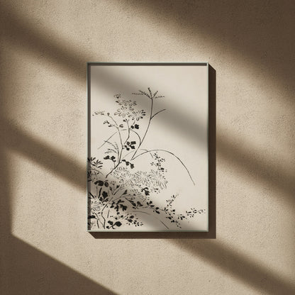 Fleurs Sauvages - Estampe Japonaise à l'Encre, affiche encadrée sur un mur beige, ombres de fenêtre