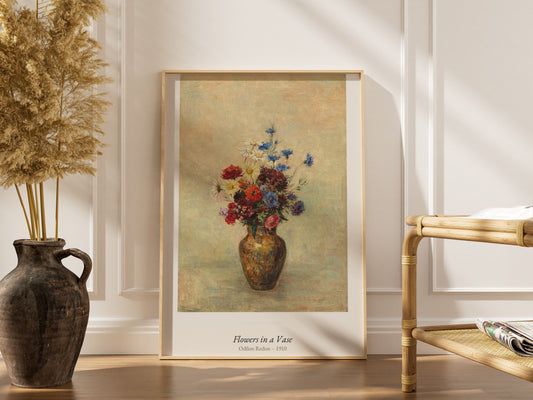 Flowers in a Vase, Odilon Redon | Affiche Art Premium, affiche encadrée dans un intérieur élégant, cadre bois clair