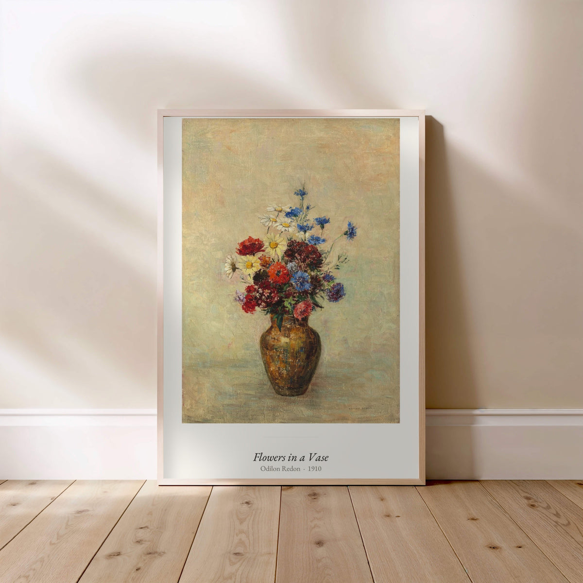 Flowers in a Vase, Odilon Redon | Affiche Art Premium, affiche encadrée posée au sol, cadre bois clair
