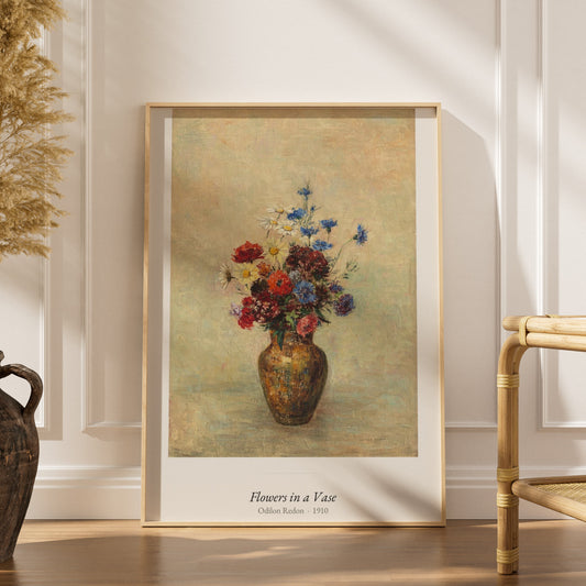 Flowers in a Vase, Odilon Redon | Affiche Art Premium, affiche encadrée dans un intérieur élégant, herbes séchées et chaise e