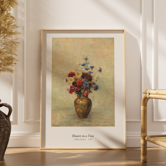 Flowers in a Vase, Odilon Redon | Affiche Art Premium, affiche encadrée dans un intérieur élégant, herbes séchées et chaise e