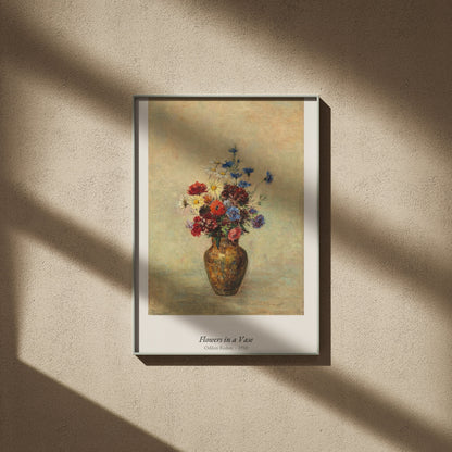 Flowers in a Vase, Odilon Redon | Affiche Art Premium, affiche encadrée sur un mur beige, ombres de fenêtre
