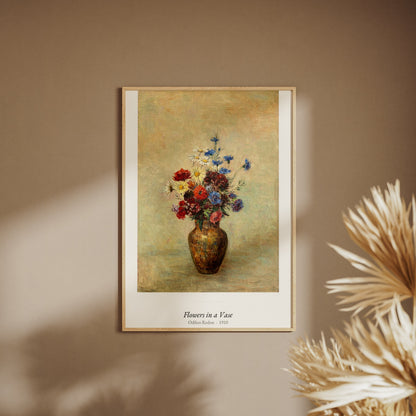 Flowers in a Vase, Odilon Redon | Affiche Art Premium, affiche encadrée sur un mur beige, pampas au premier plan