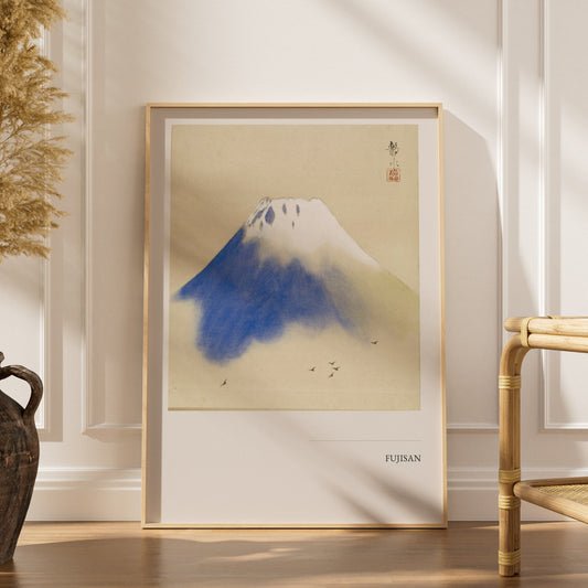 Fujisan - Peinture Japonaise Anonyme - Affiche, affiche encadrée dans un intérieur élégant, herbes séchées et chaise en rotin