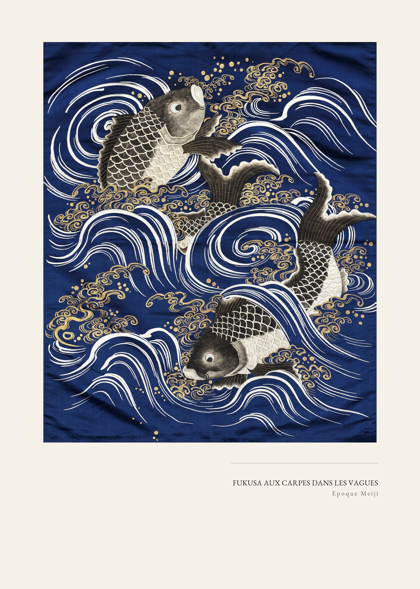 Fukusa aux Carpes dans les Vagues - Textile Japonais Époque Meiji