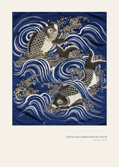 Fukusa aux Carpes dans les Vagues - Textile Japonais Époque Meiji