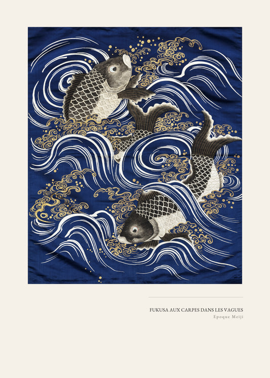 Fukusa aux Carpes dans les Vagues - Textile Japonais Époque Meiji