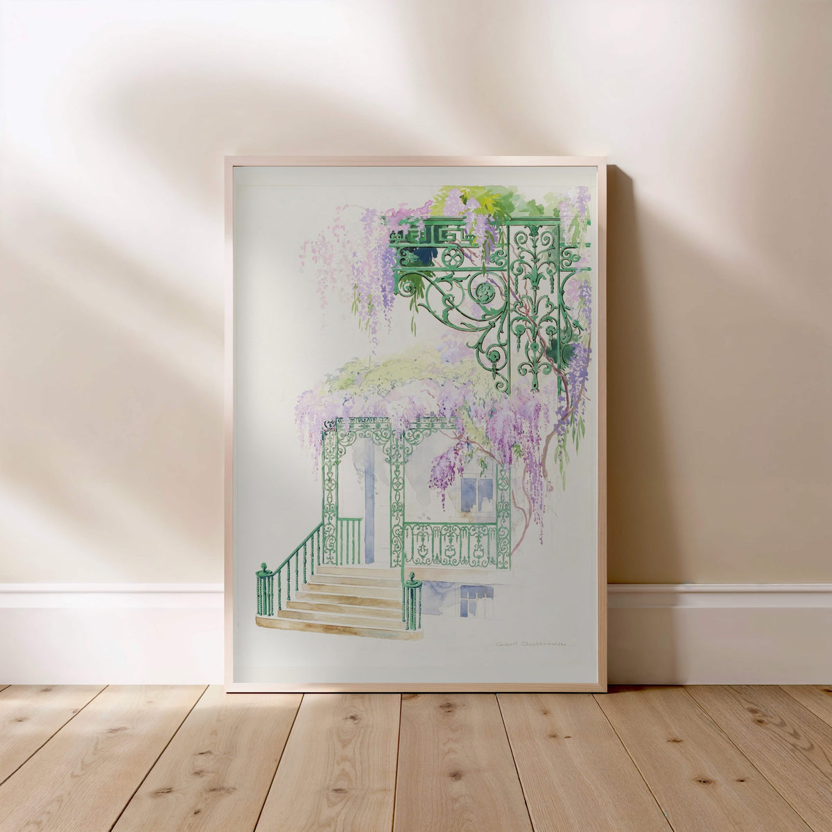 Wisteria on a Facade - Vintage Botanical Watercolor | Poster, framed poster standing on the floor, light wood frame