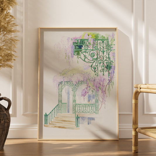 Glycine sur une Facade - Aquarelle Botanique Vintage, affiche encadrée dans un intérieur élégant, herbes séchées et chaise en