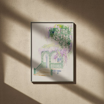Wisteria on a Facade - Vintage Botanical Watercolor | Poster, framed poster on a beige wall, window shadows