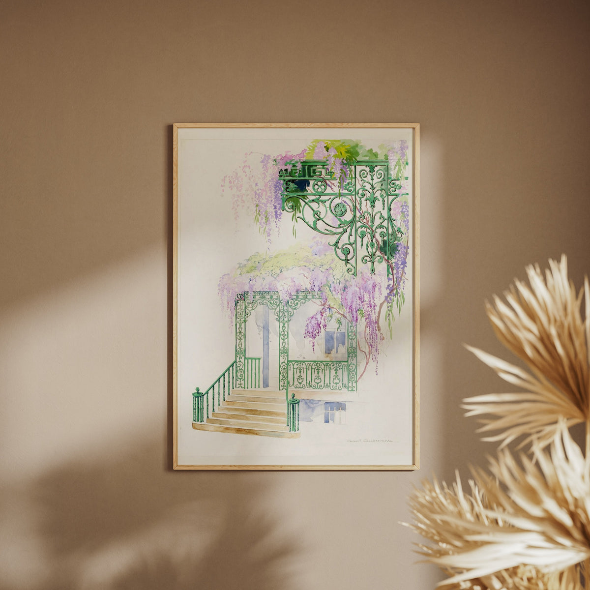 Wisteria on a Facade - Vintage Botanical Watercolor | Poster, framed poster on a beige wall, pampas grass in the foreground