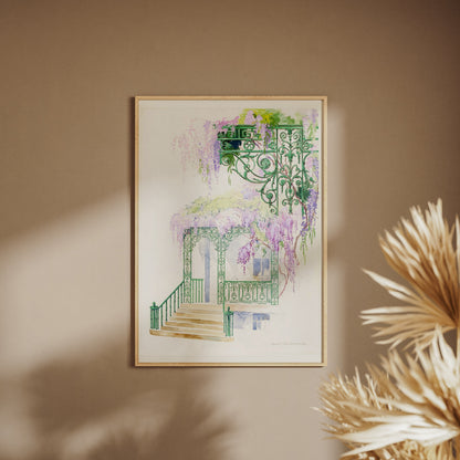 Wisteria on a Facade - Vintage Botanical Watercolor | Poster, framed poster on a beige wall, pampas grass in the foreground